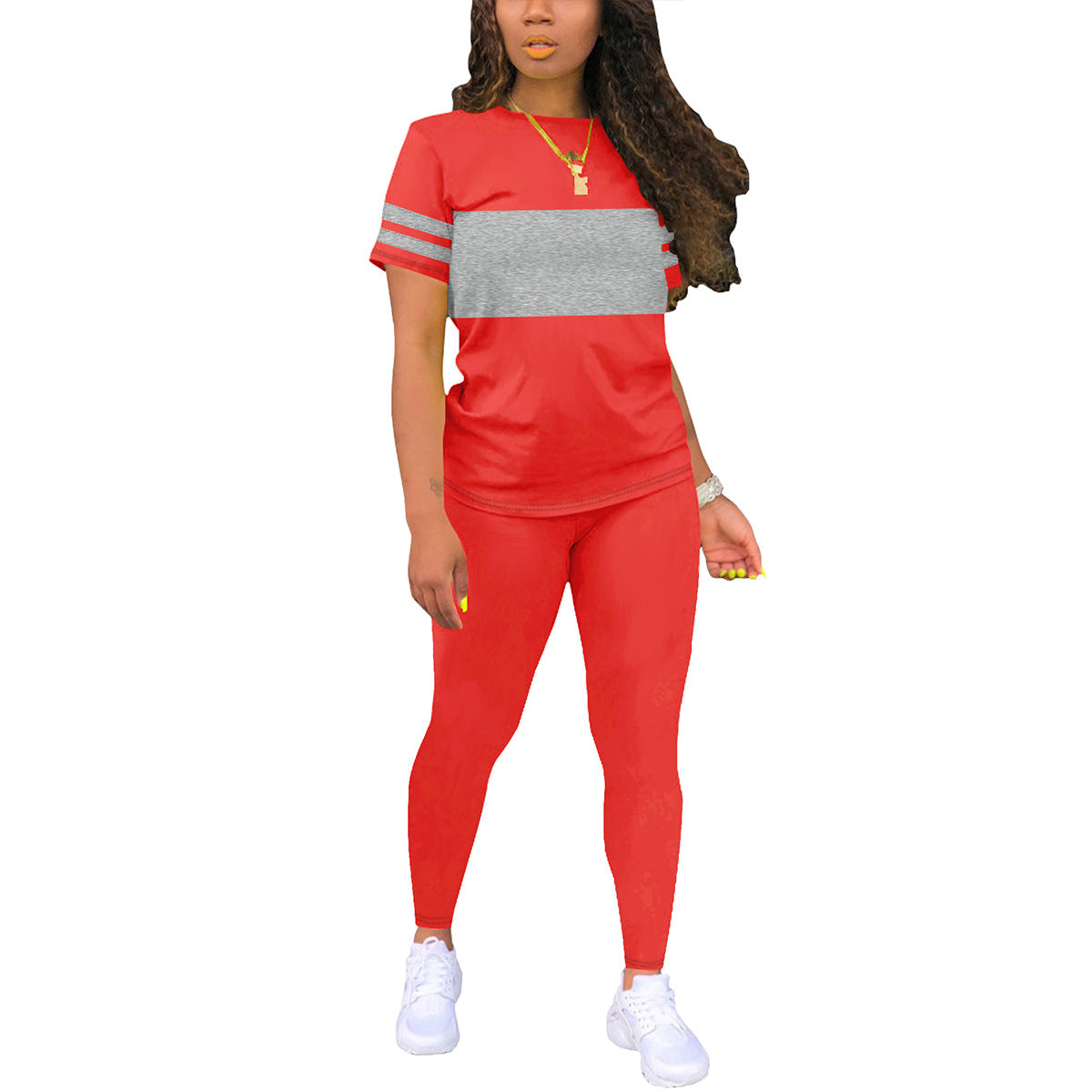 New Stylish Crew-Neck Short-Sleeve Color-Block Top And Pants Set Womens Two-Piece Outfit