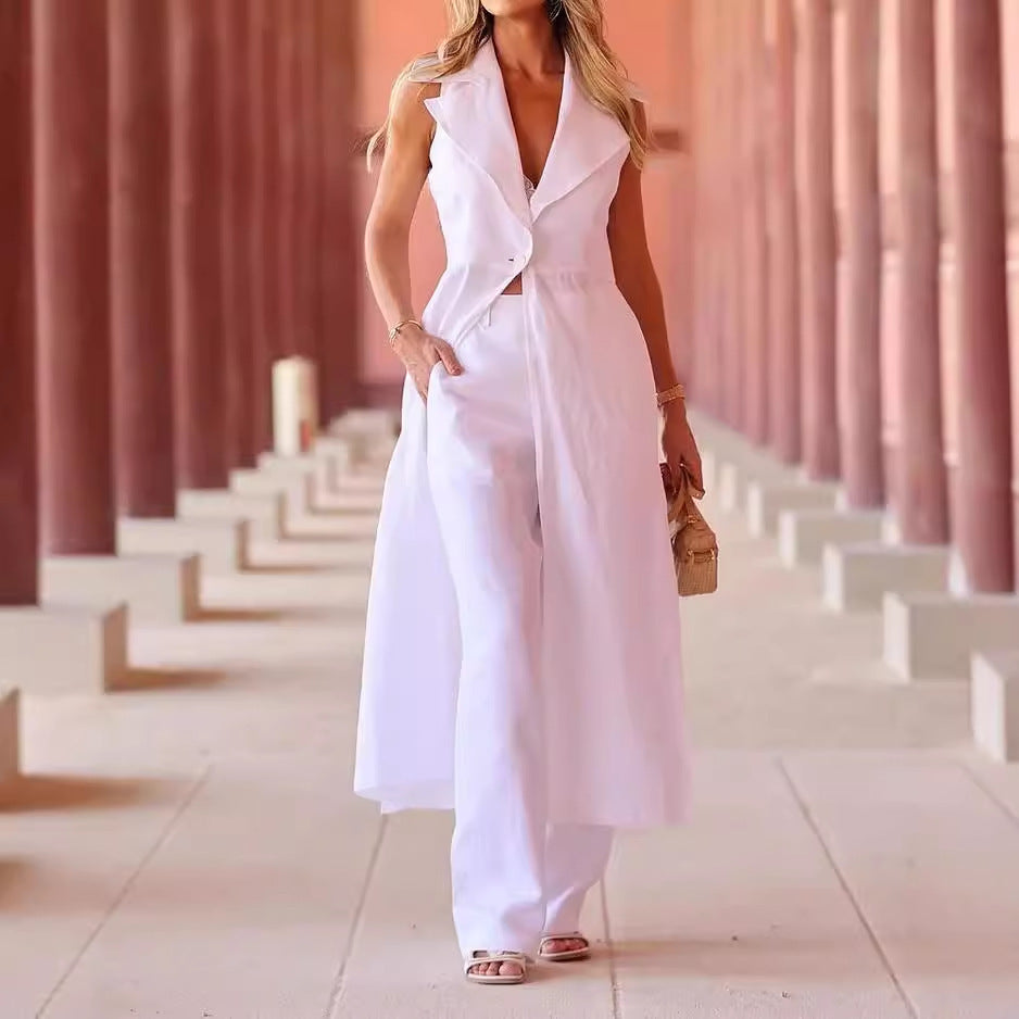 Women's Suit Fall Lapels Sleeveless Solid Colour Two-piece Set