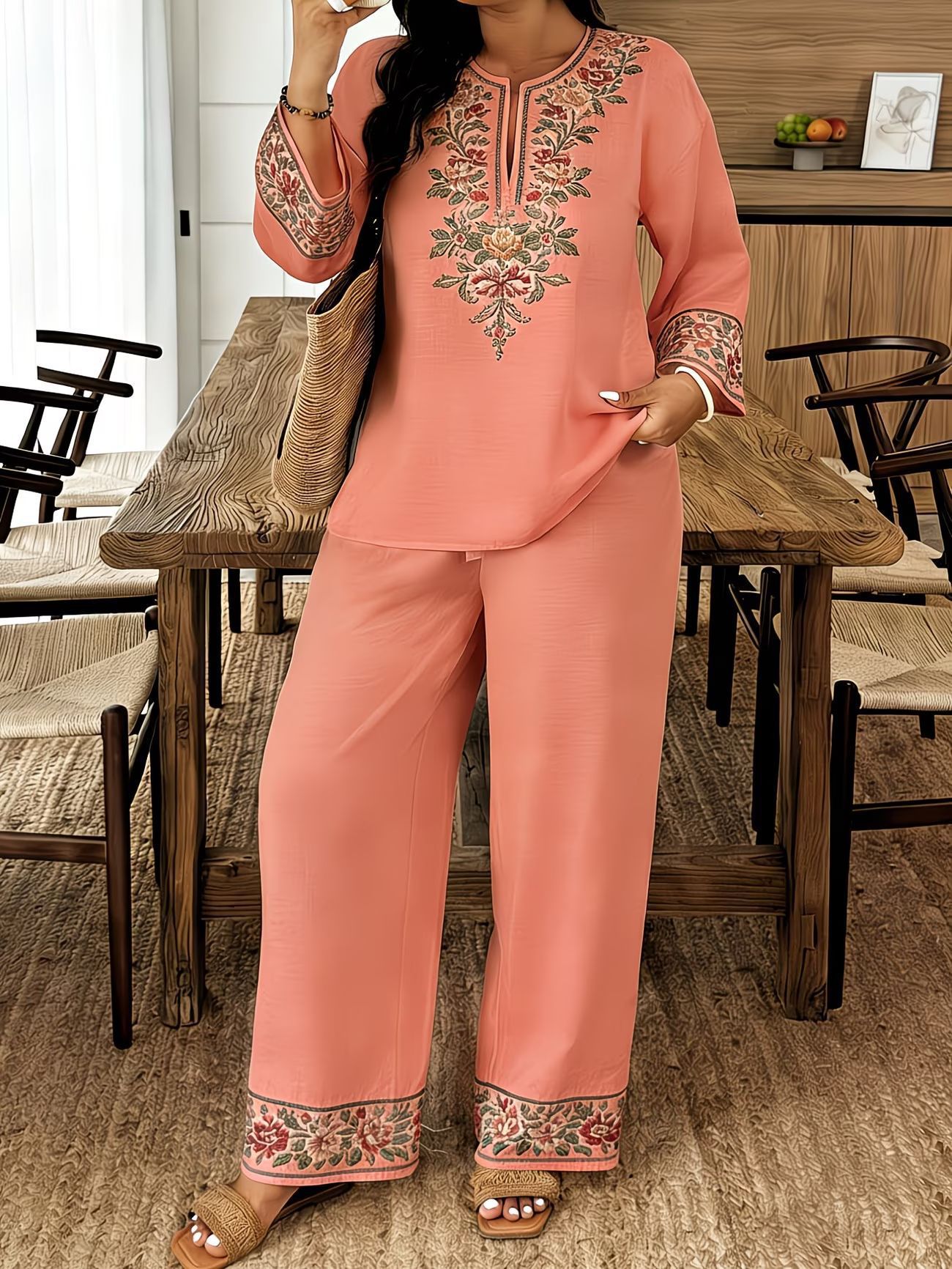 Long-sleeve Lace Floral Long-sleeve Ethnic-style Middle Eastern Set