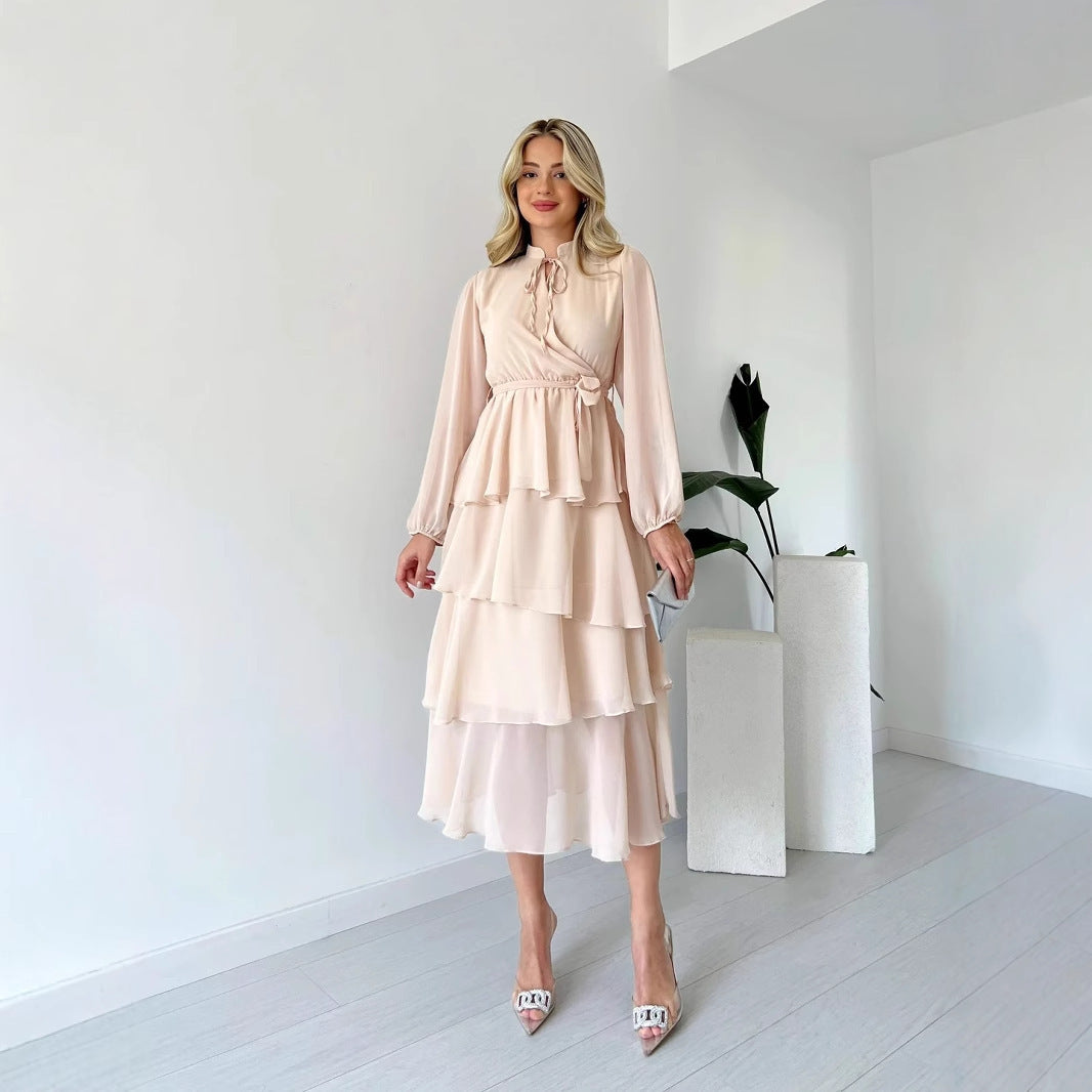 Solid Colour Chiffon Long Sleeve Multi-layer Lace-up Elegant Dress Women