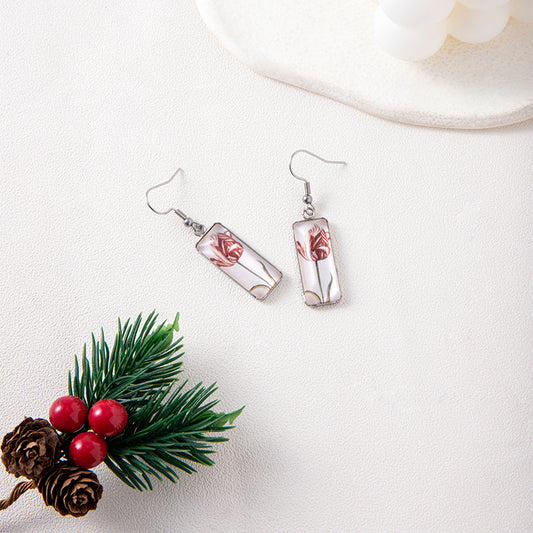 New Flowers Tulip Time Gemstone Dangle Earrings Creative Square Stainless Steel Earrings
