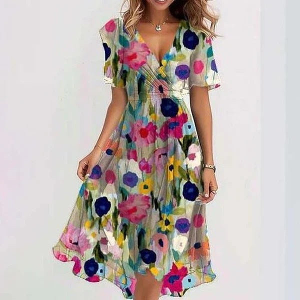 Chiffon Printed Short Sleeve Dress Summer Elegant V-neck Dresses Women Clothing