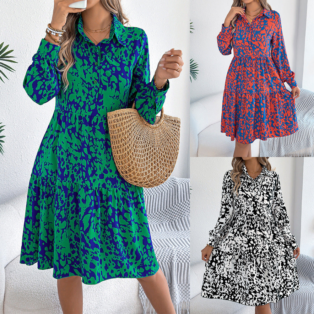 Casual Loose Contrast Colour Leopard-print Long-sleeved Shirt Dress