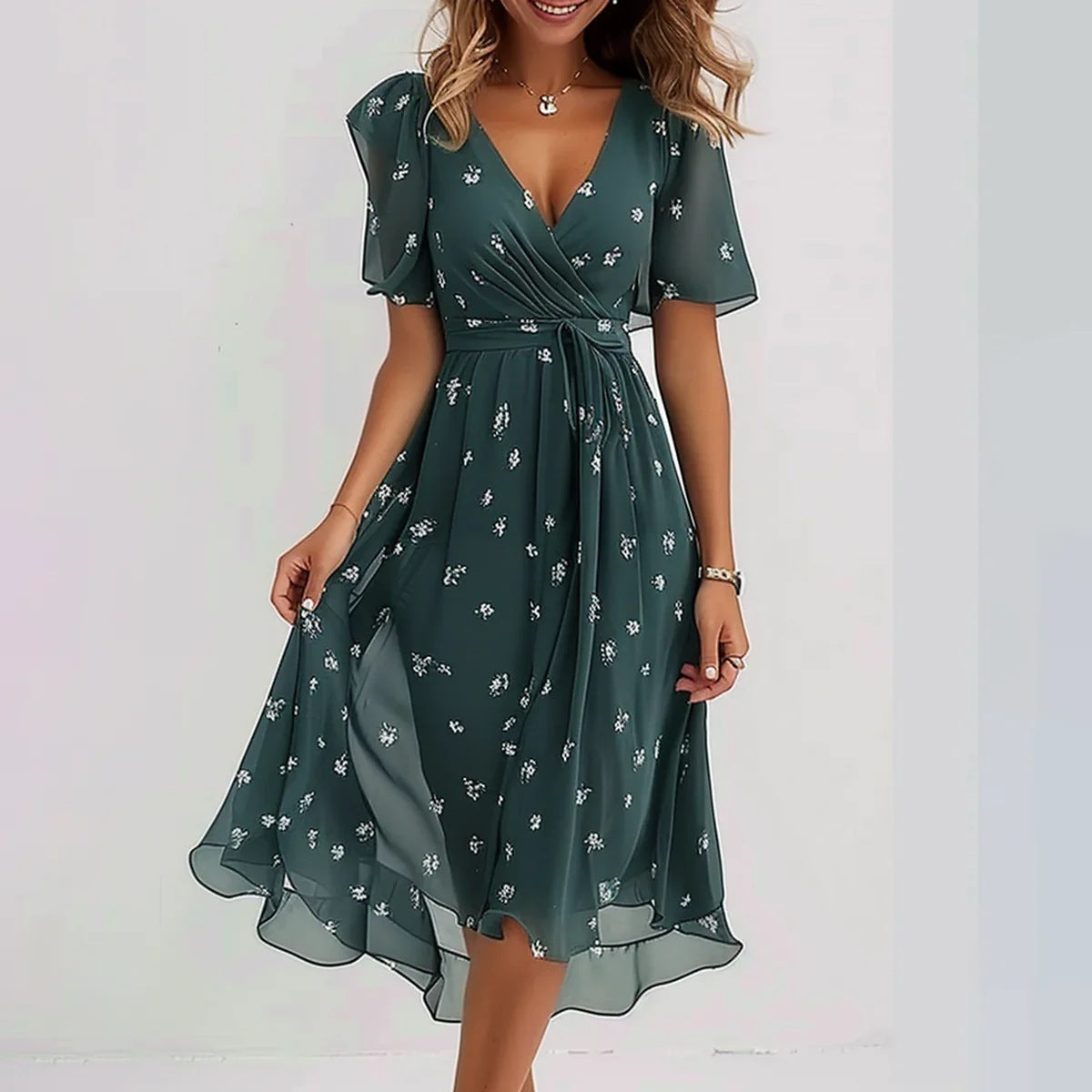 Chiffon Printed Short Sleeve Dress Summer Elegant V-neck Dresses Women Clothing