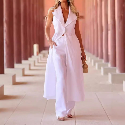 Women's Suit Fall Lapels Sleeveless Solid Colour Two-piece Set