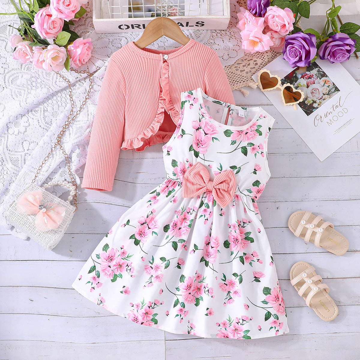 Girls' Colourful Suspender Skirt Solid Colour Coat Set