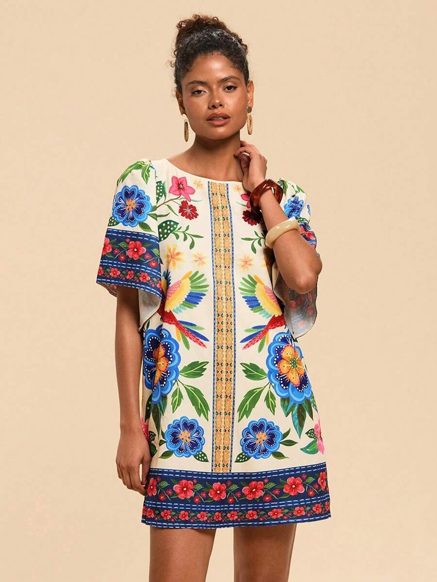Fashion Retro Crew Neck Horn Printing Dress