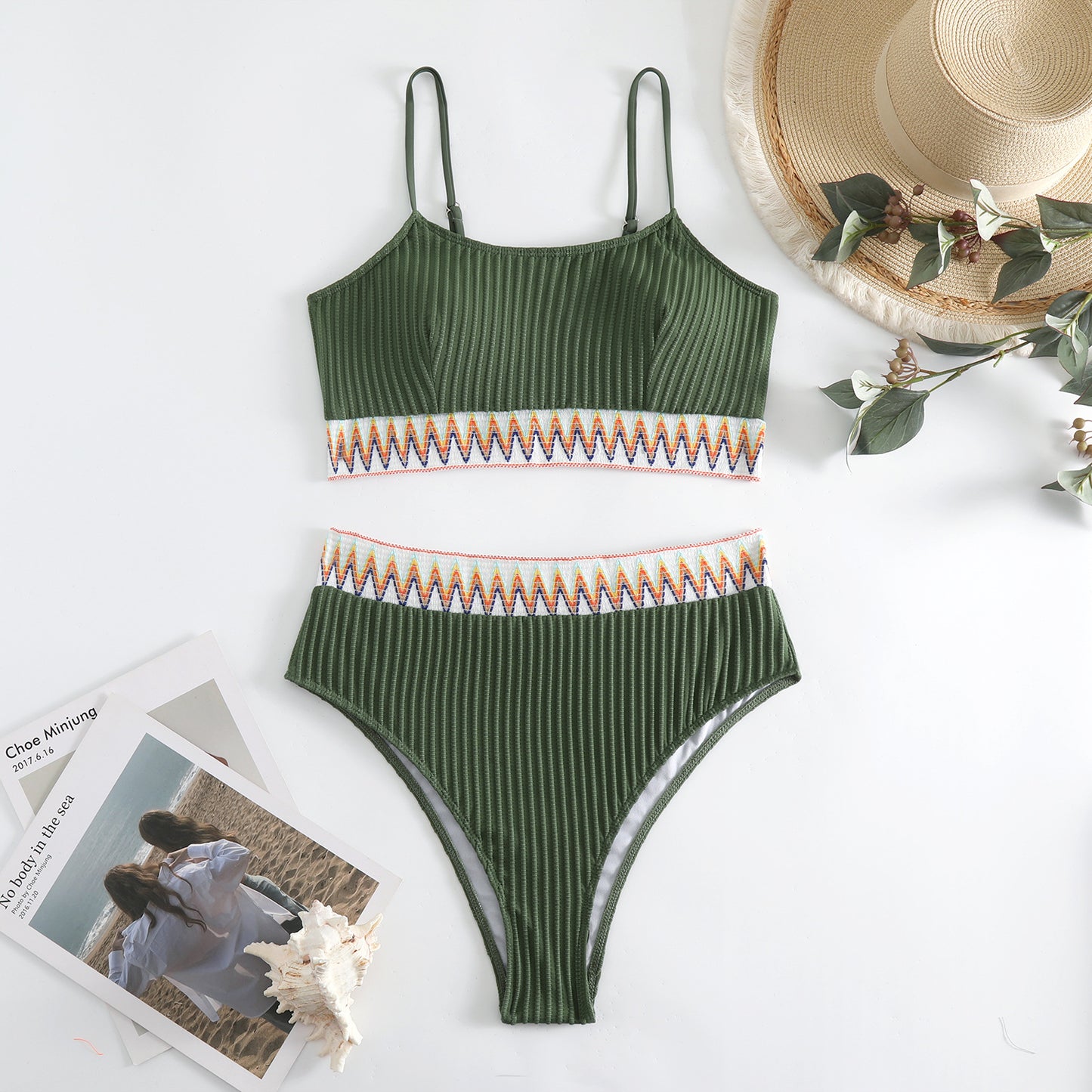 Split Shoulder Strap Chevron Tape Bikini Swimsuit