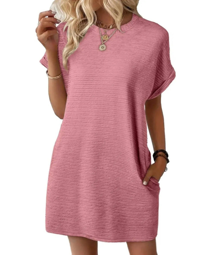 Loose Round Neck Pocket Solid Colour Short Sleeve Dress Women