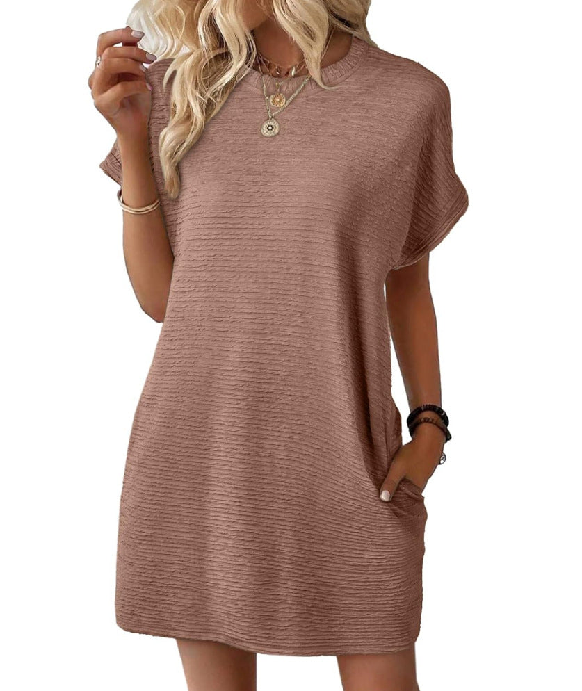 Loose Round Neck Pocket Solid Colour Short Sleeve Dress Women