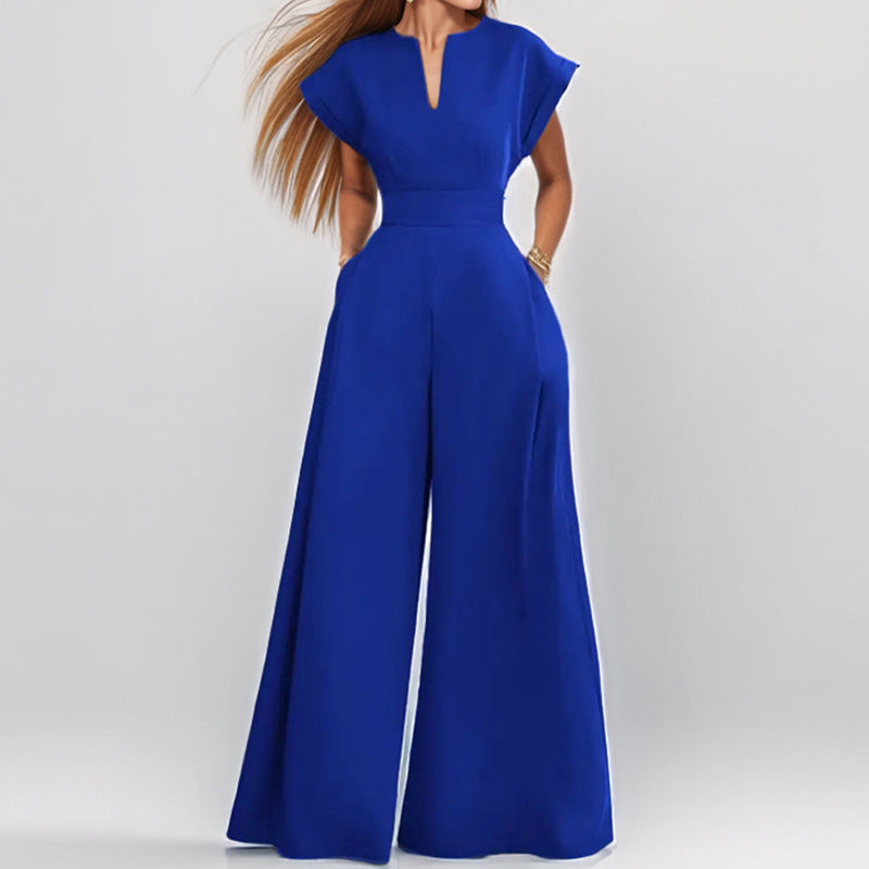 Women's Elegant Solid Colour And V-neck Sleeveless Waist Wide-leg Jumpsuit
