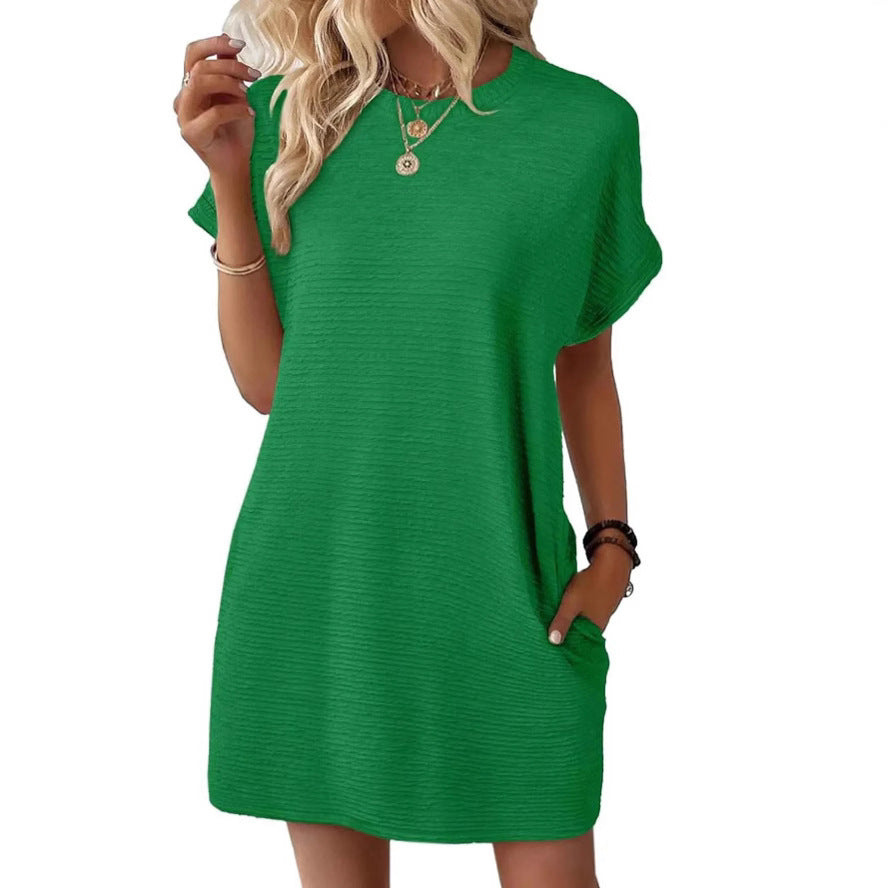 Loose Round Neck Pocket Solid Colour Short Sleeve Dress Women
