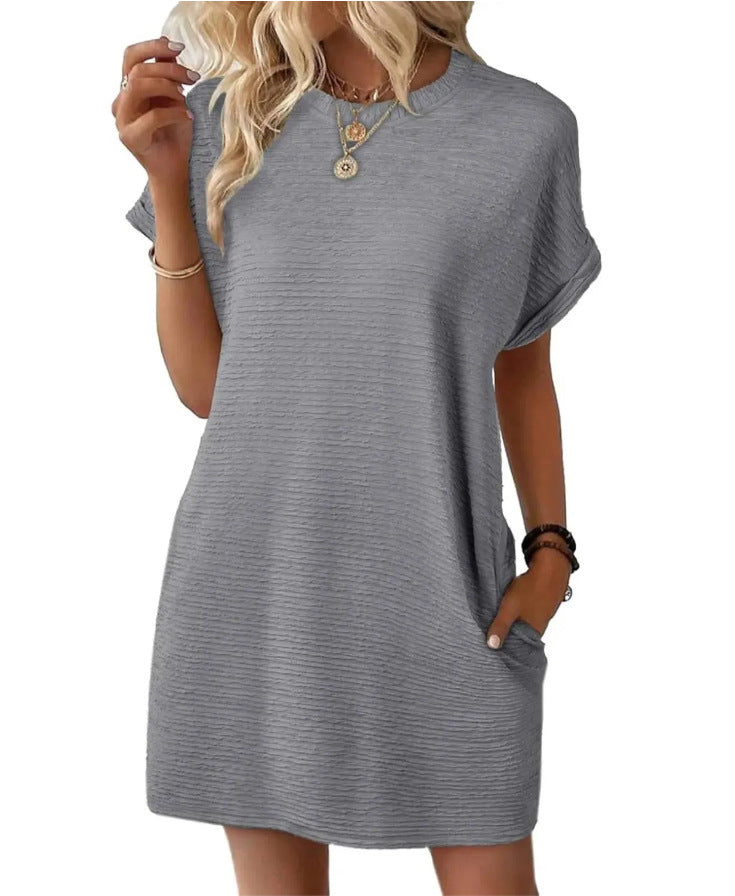 Loose Round Neck Pocket Solid Colour Short Sleeve Dress Women