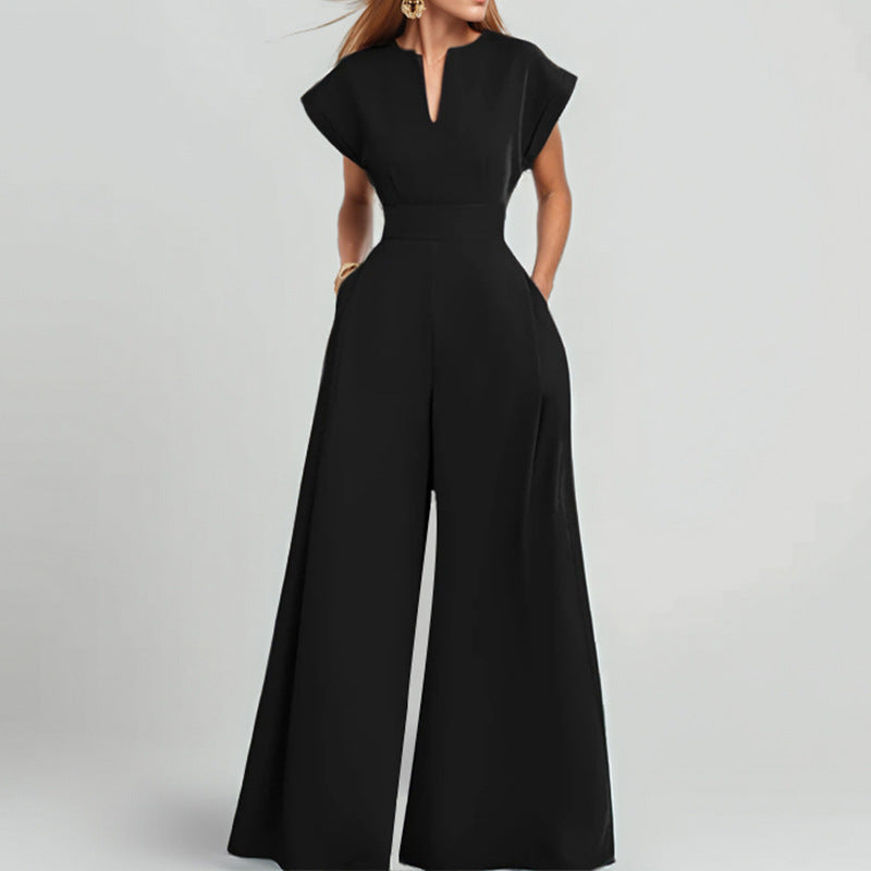 Women's Elegant Solid Colour And V-neck Sleeveless Waist Wide-leg Jumpsuit