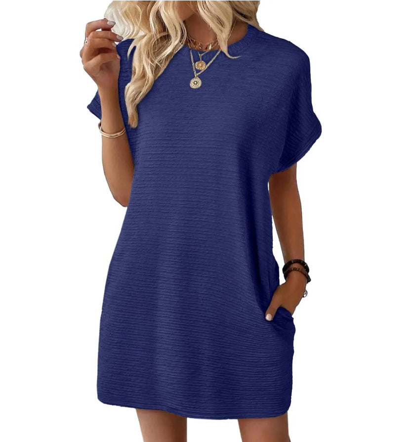 Loose Round Neck Pocket Solid Colour Short Sleeve Dress Women