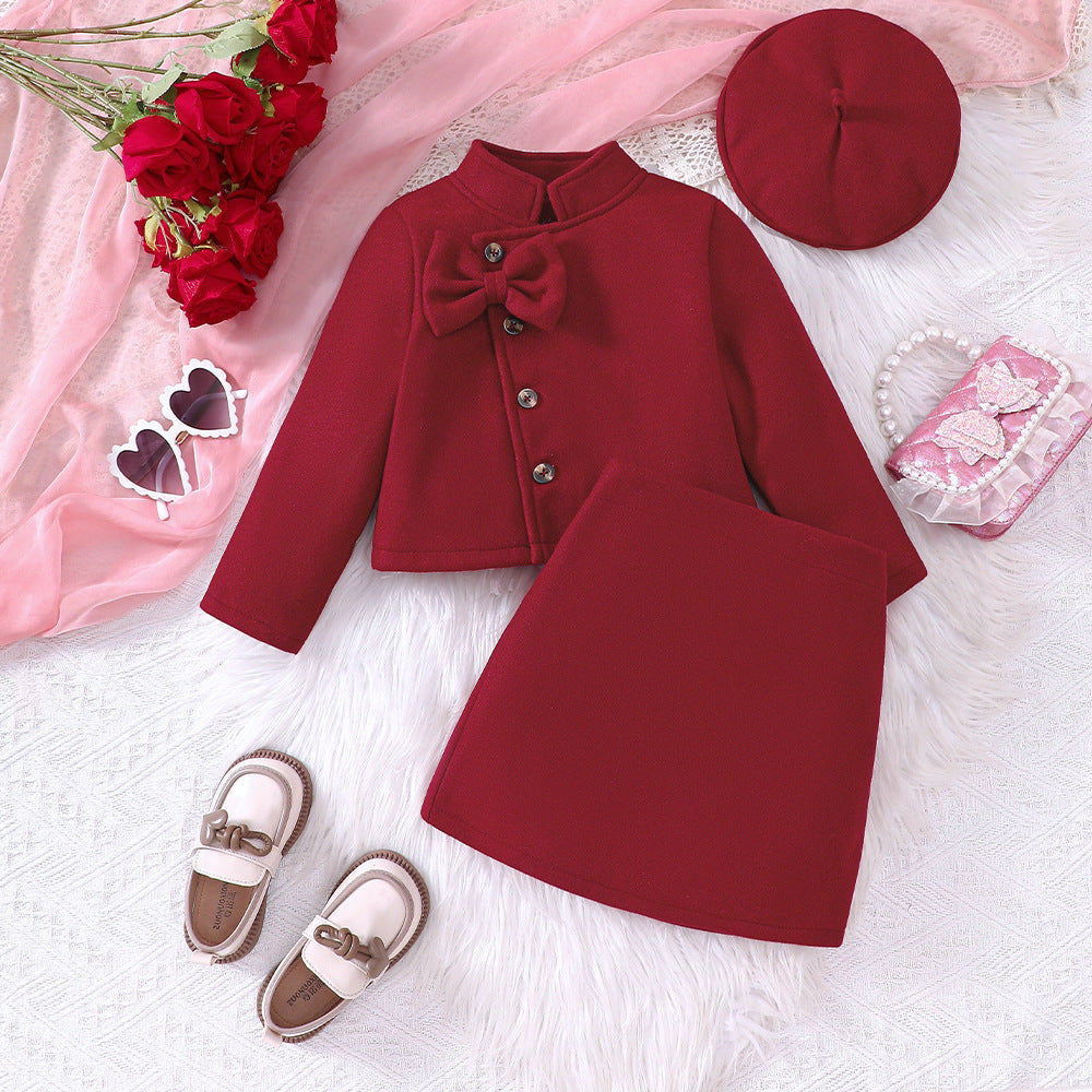 Girls' Autumn And Winter New Woollen Bow Top Skirt Outfit