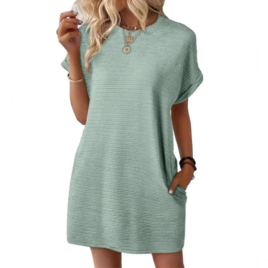Loose Round Neck Pocket Solid Colour Short Sleeve Dress Women