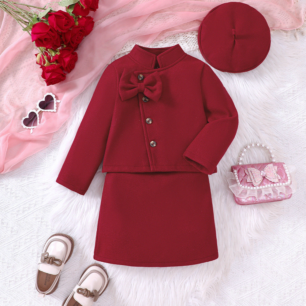 Girls' Autumn And Winter New Woollen Bow Top Skirt Outfit
