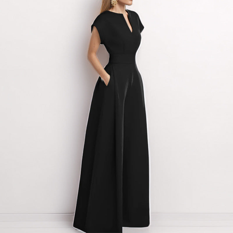 Women's Elegant Solid Colour And V-neck Sleeveless Waist Wide-leg Jumpsuit