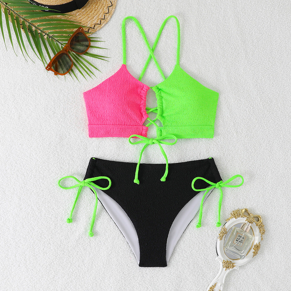 New Split Swimsuit Women's Contrast Color Sexy Cross Sling Hollow Bikini