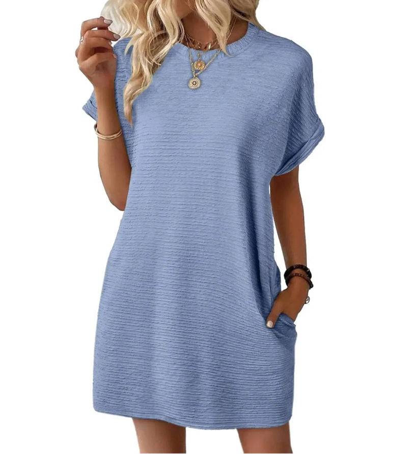 Loose Round Neck Pocket Solid Colour Short Sleeve Dress Women