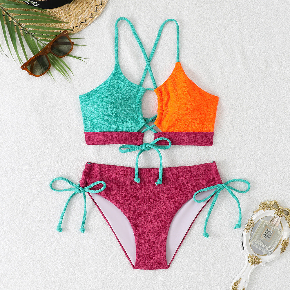 New Split Swimsuit Women's Contrast Color Sexy Cross Sling Hollow Bikini