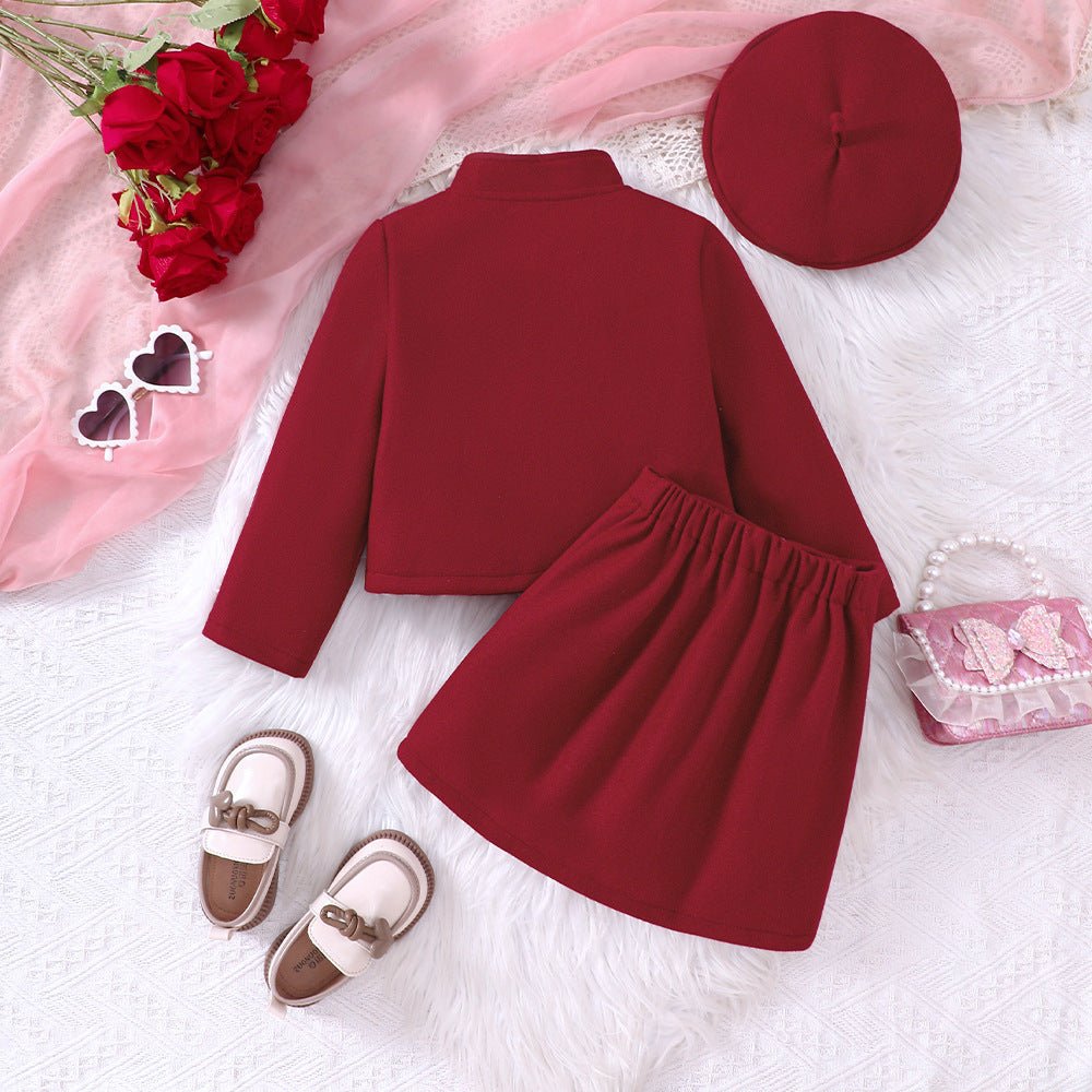 Girls' Autumn And Winter New Woollen Bow Top Skirt Outfit