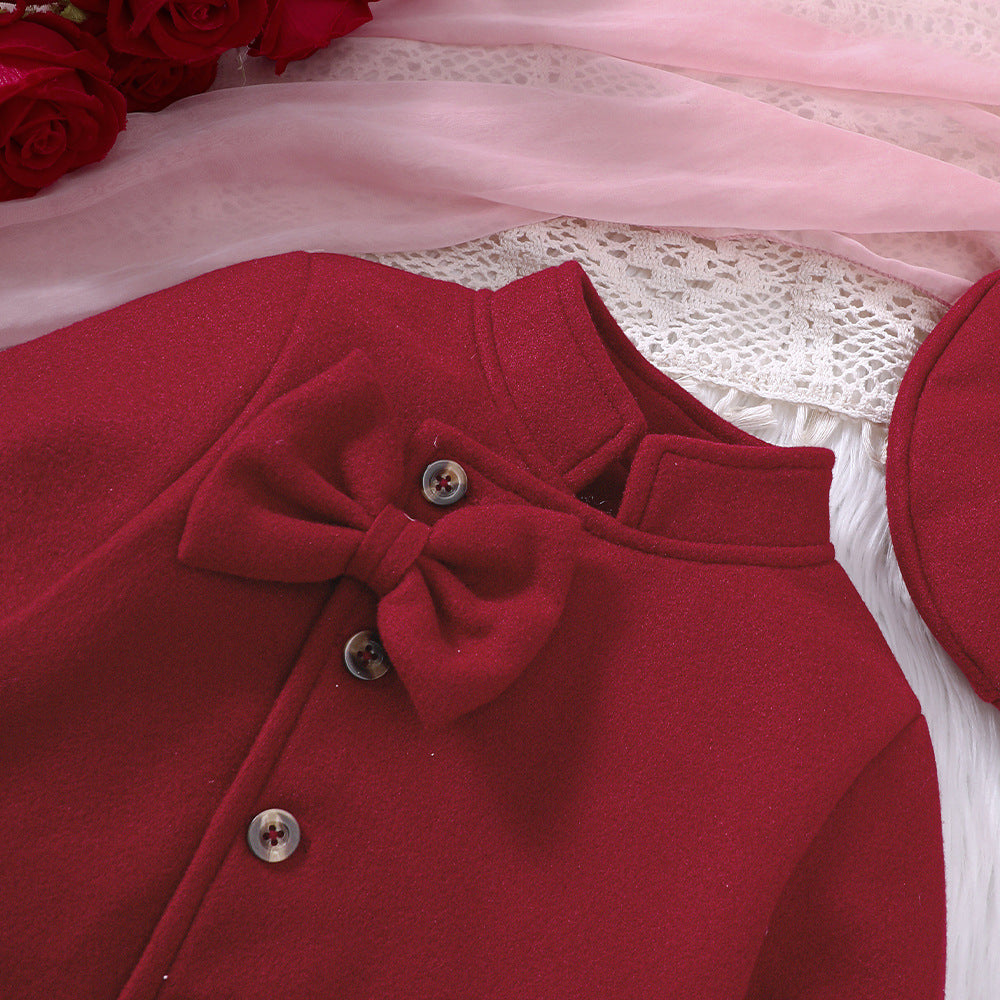 Girls' Autumn And Winter New Woollen Bow Top Skirt Outfit