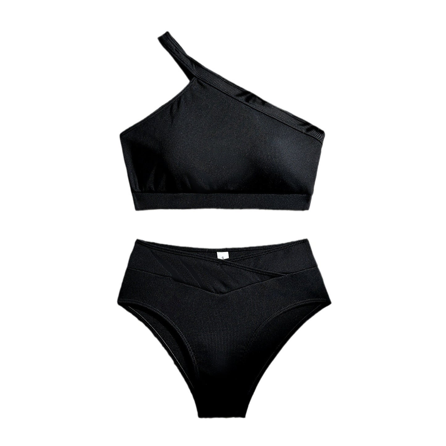 One-shoulder Split Sunken Stripe High Waist Swimsuit