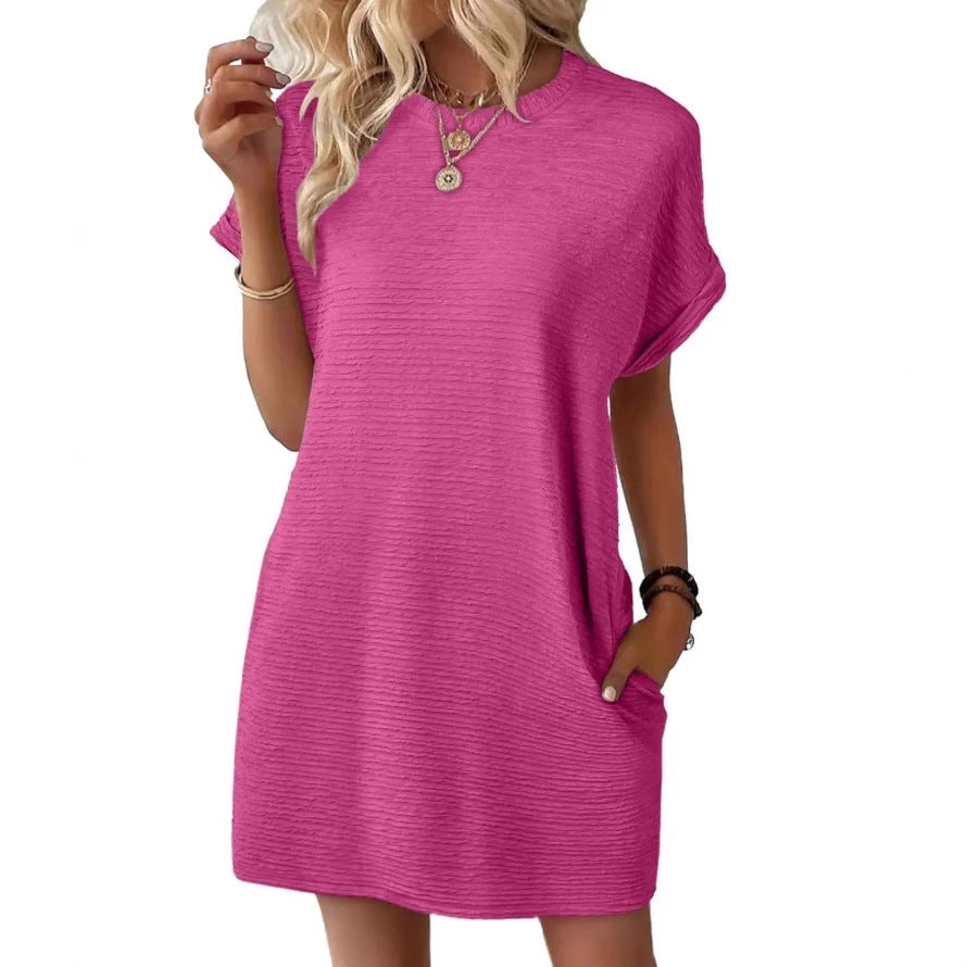 Loose Round Neck Pocket Solid Colour Short Sleeve Dress Women