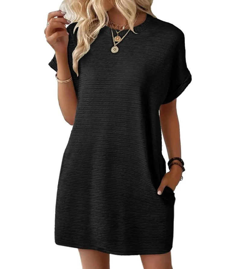 Loose Round Neck Pocket Solid Colour Short Sleeve Dress Women