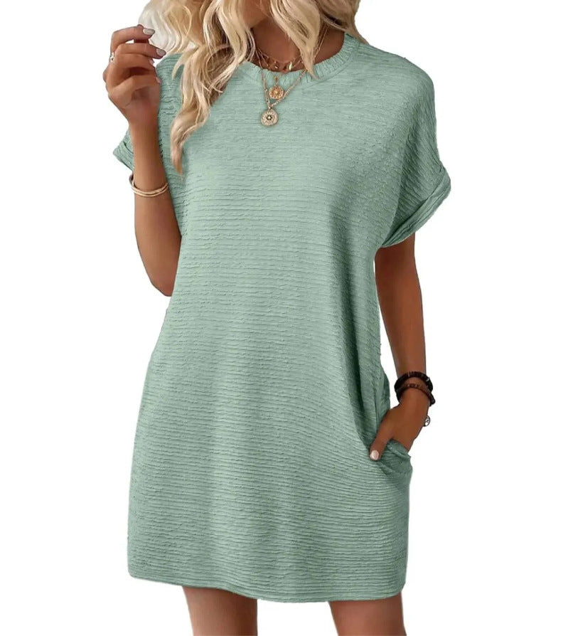 Loose Round Neck Pocket Solid Colour Short Sleeve Dress Women