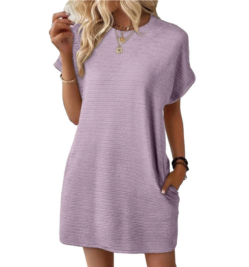 Loose Round Neck Pocket Solid Colour Short Sleeve Dress Women