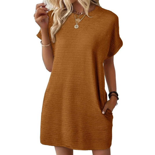 Loose Round Neck Pocket Solid Colour Short Sleeve Dress Women