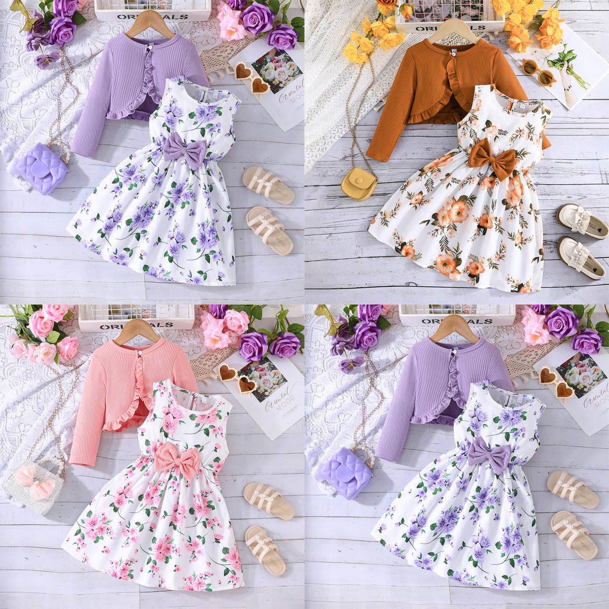 Girls' Colourful Suspender Skirt Solid Colour Coat Set