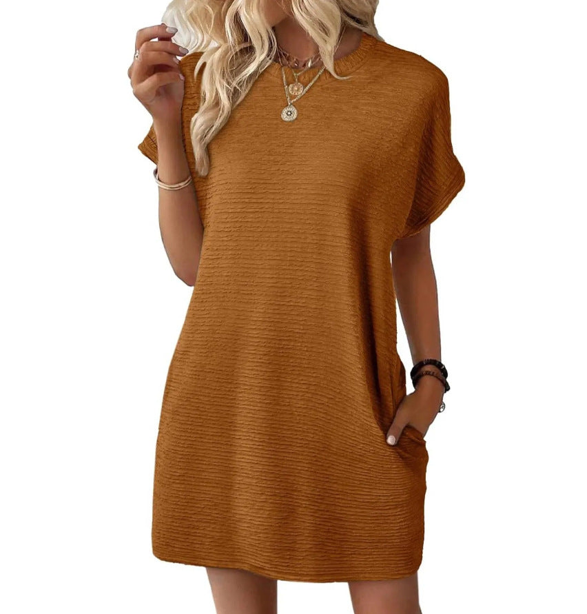 Loose Round Neck Pocket Solid Colour Short Sleeve Dress Women