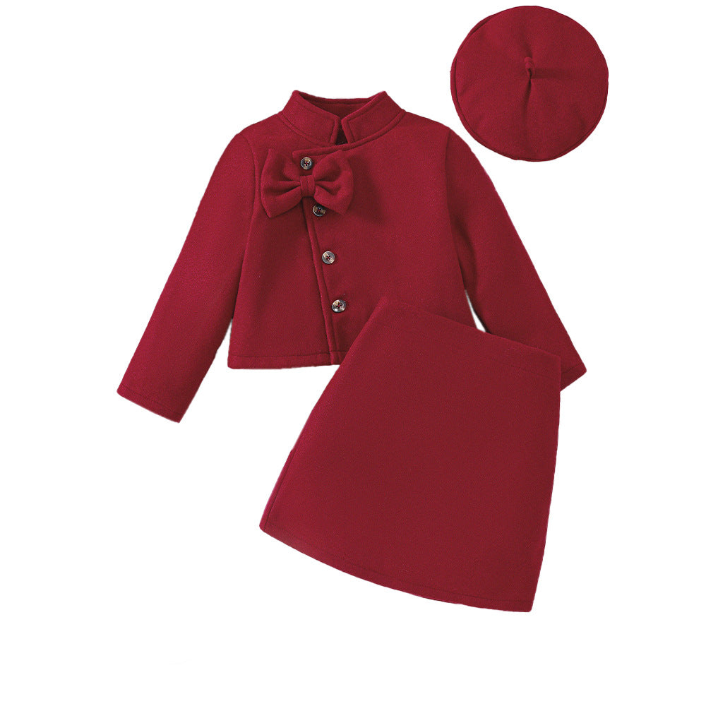 Girls' Autumn And Winter New Woollen Bow Top Skirt Outfit