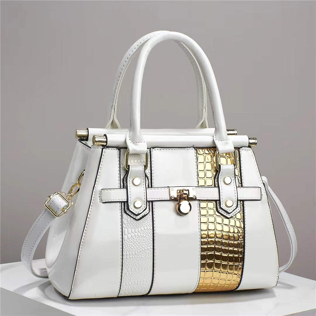 Vertical Stitching Bright Leather Lizard Pattern Large Capacity Shoulder Bag