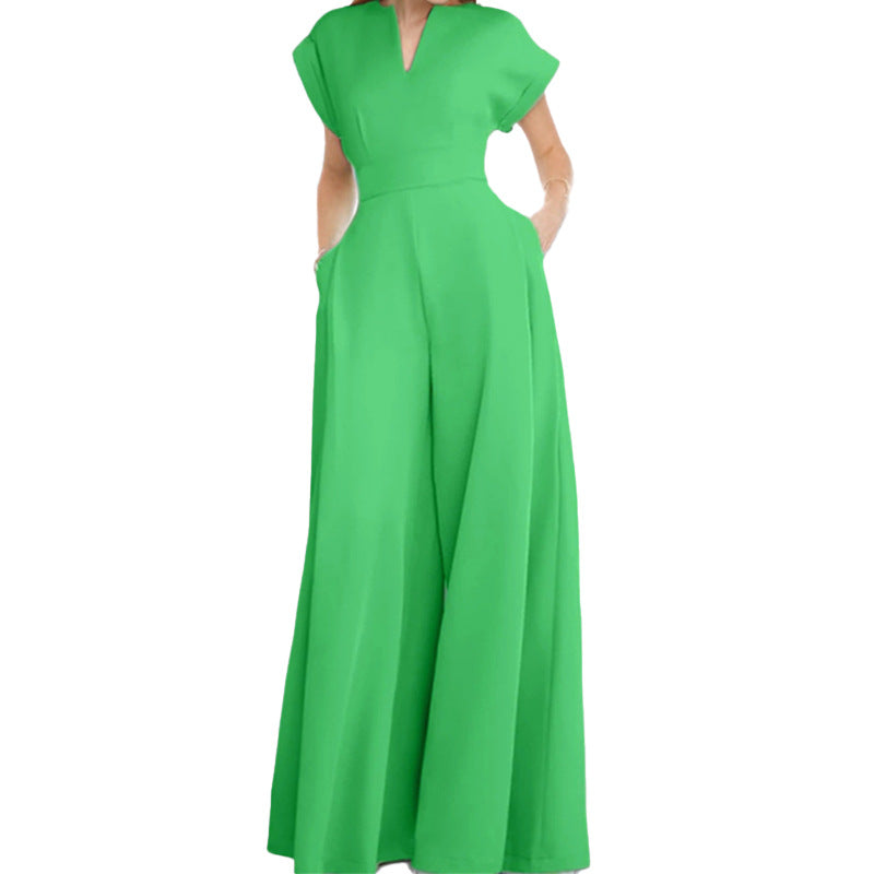Women's Elegant Solid Colour And V-neck Sleeveless Waist Wide-leg Jumpsuit