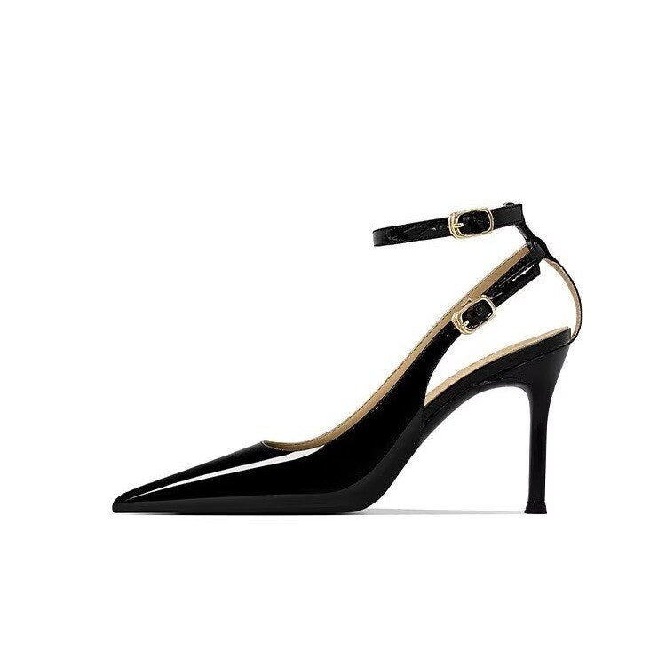 Women's Minimalist European & American Style Pointed Toe Patent Leather Stiletto Sandals, Ankle Strap, Slim Fit, Sexy Nightclub Shoes