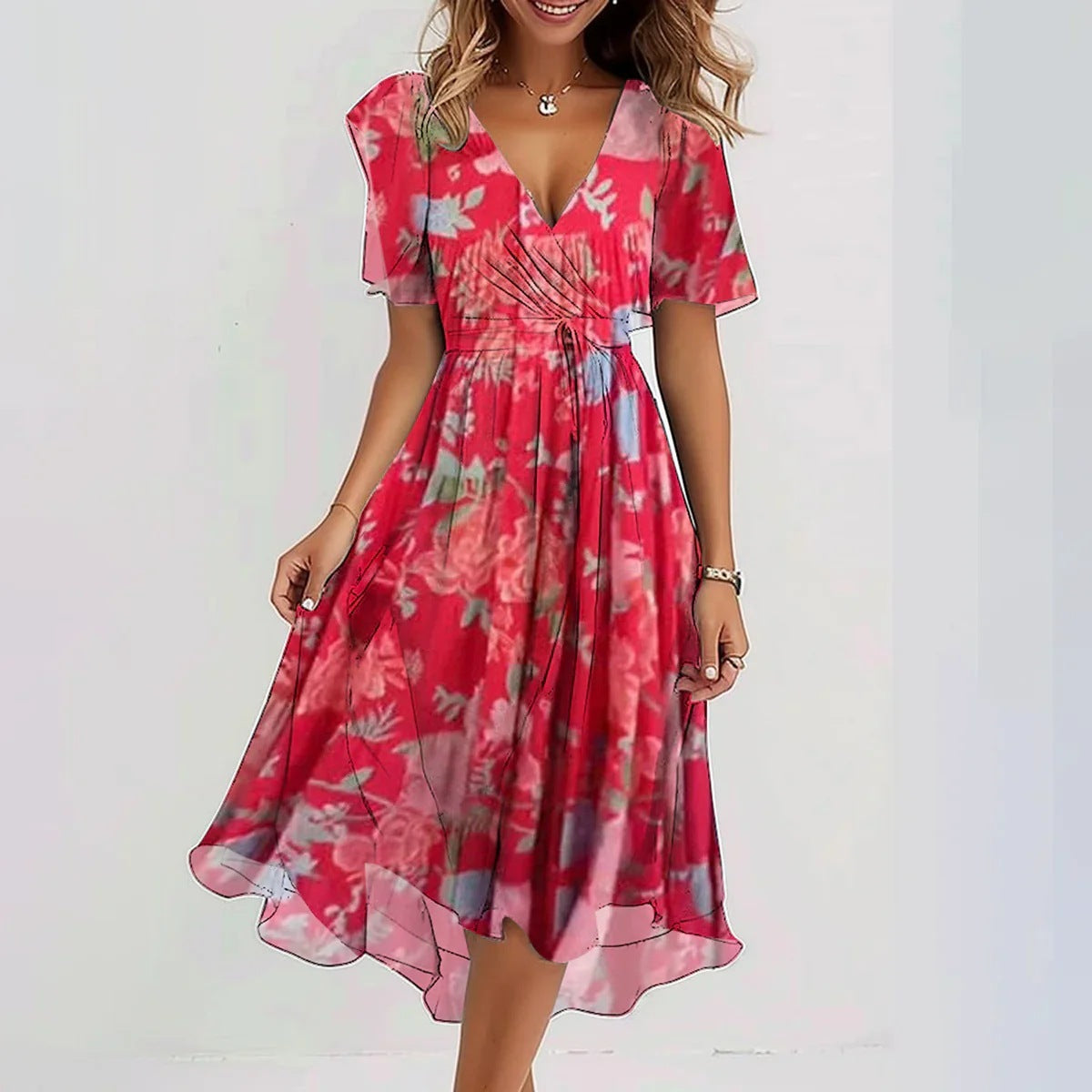 Chiffon Printed Short Sleeve Dress Summer Elegant V-neck Dresses Women Clothing