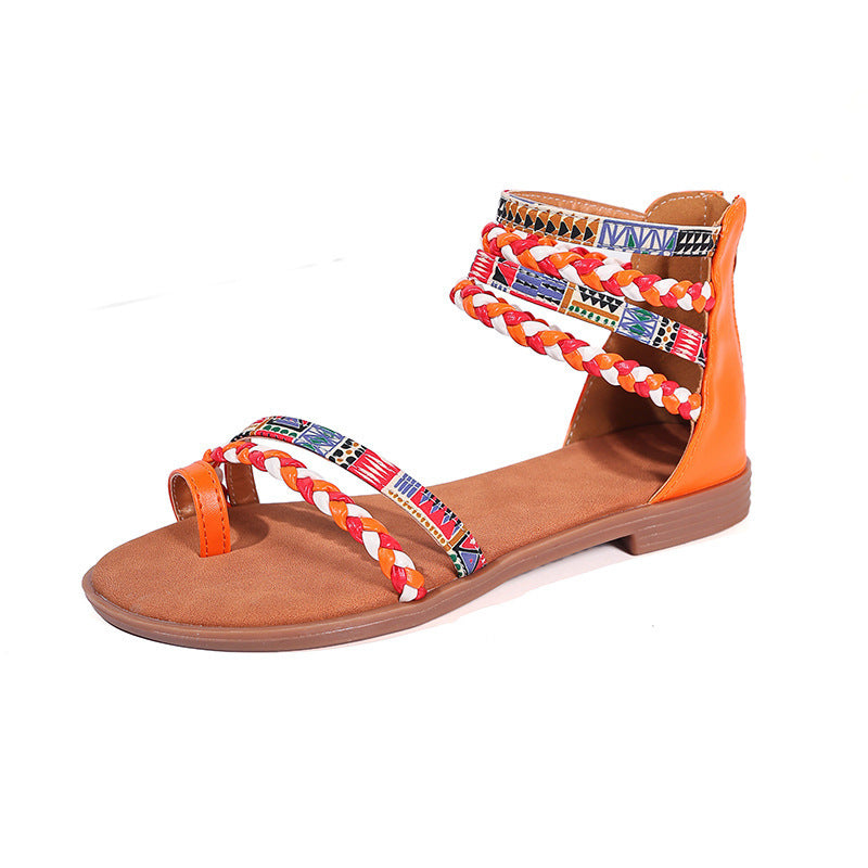Ethnic Style Flat Sandals Summer Clip Toe Colourful Weave-strapped Shoes With Back Zipper Women's Bohemian Beach Shoes