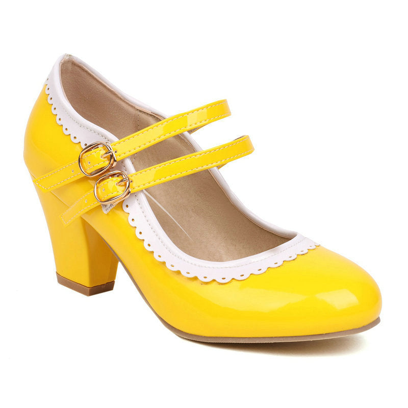 Womens Round-toe Patent Leather Chunky-heeled High Heels In Candy Colors
