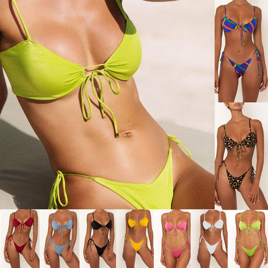 Swimsuit European And American Bikini Drawstring Nylon Glossy Cloth