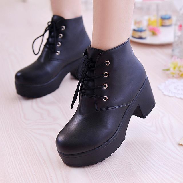 New Women's Chunky-heel Lace-up Ankle Boots With A Round Toe And High Heel
