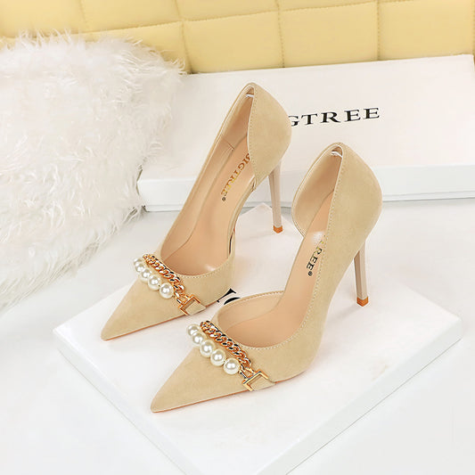 Women's Shallow-toe Pointed-toe Pearl-embellished Metallic Chain Side-cutout Pumps