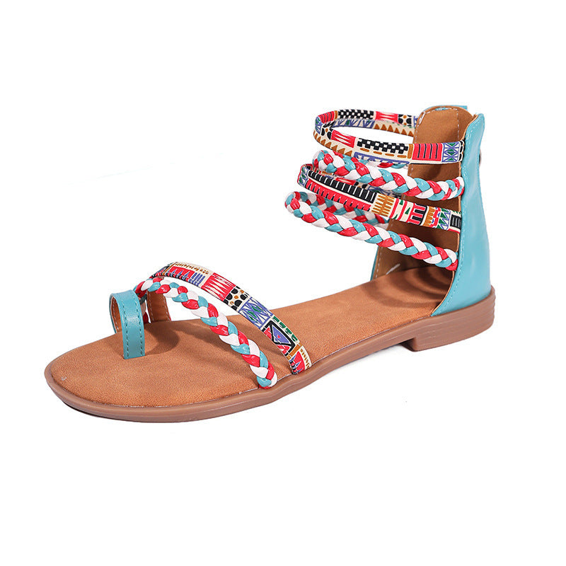 Ethnic Style Flat Sandals Summer Clip Toe Colourful Weave-strapped Shoes With Back Zipper Women's Bohemian Beach Shoes