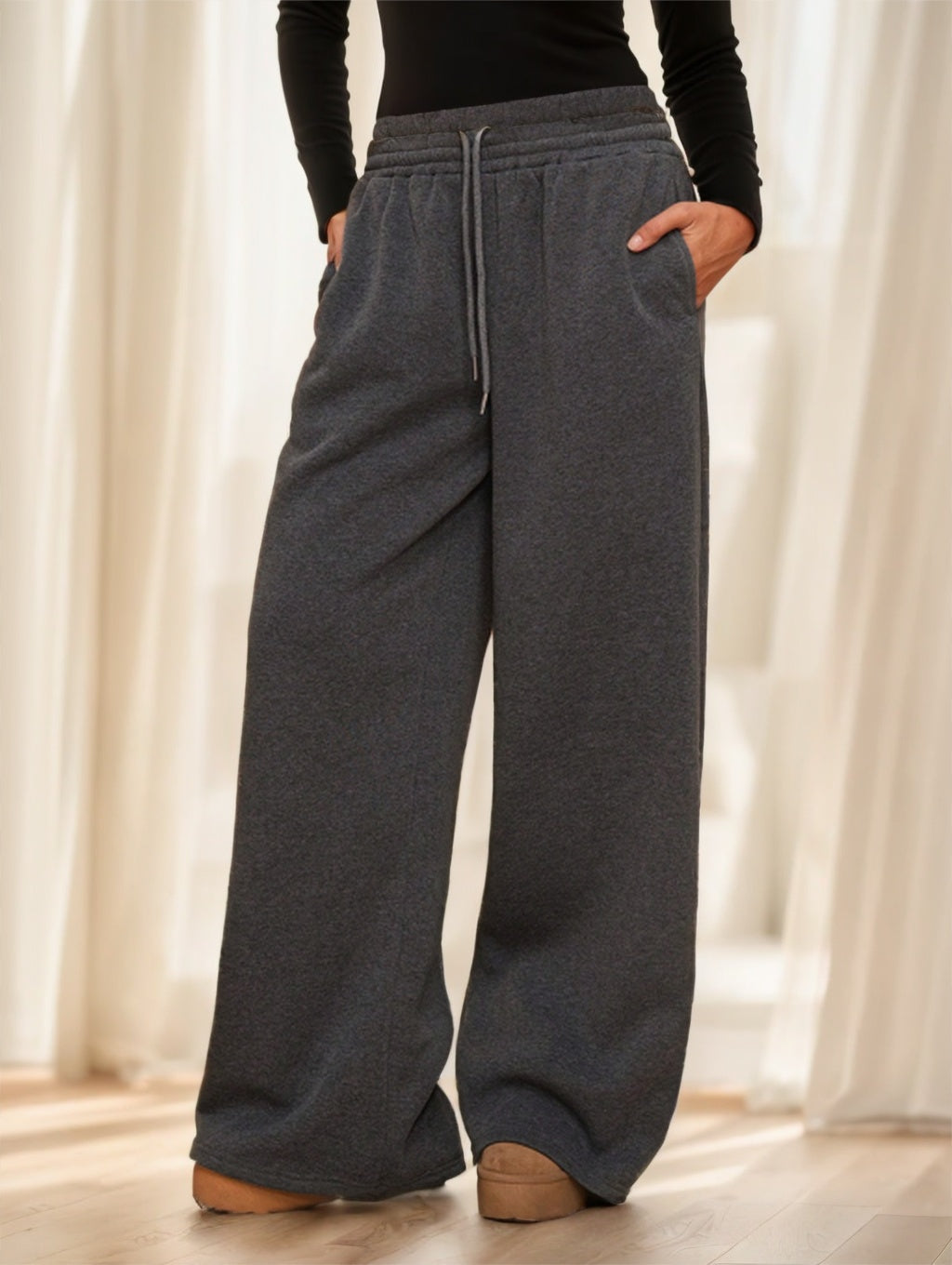 Forever 21 Autumn Winter New Thermal Lined Thick Casual Versatile High Waist Elastic Waist Loose Wide Leg  Sweatpants