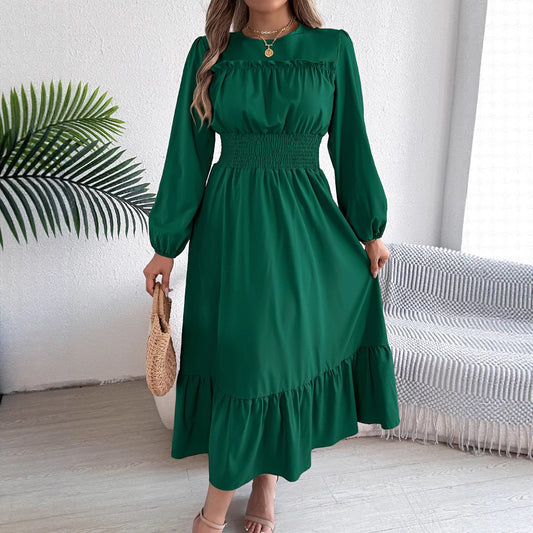 Women's Solid Colour Stringy Selvedge Cinched Pleated Long Dress