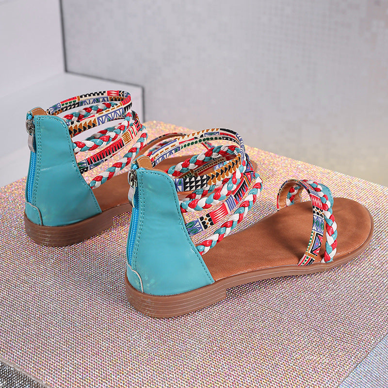 Ethnic Style Flat Sandals Summer Clip Toe Colourful Weave-strapped Shoes With Back Zipper Women's Bohemian Beach Shoes